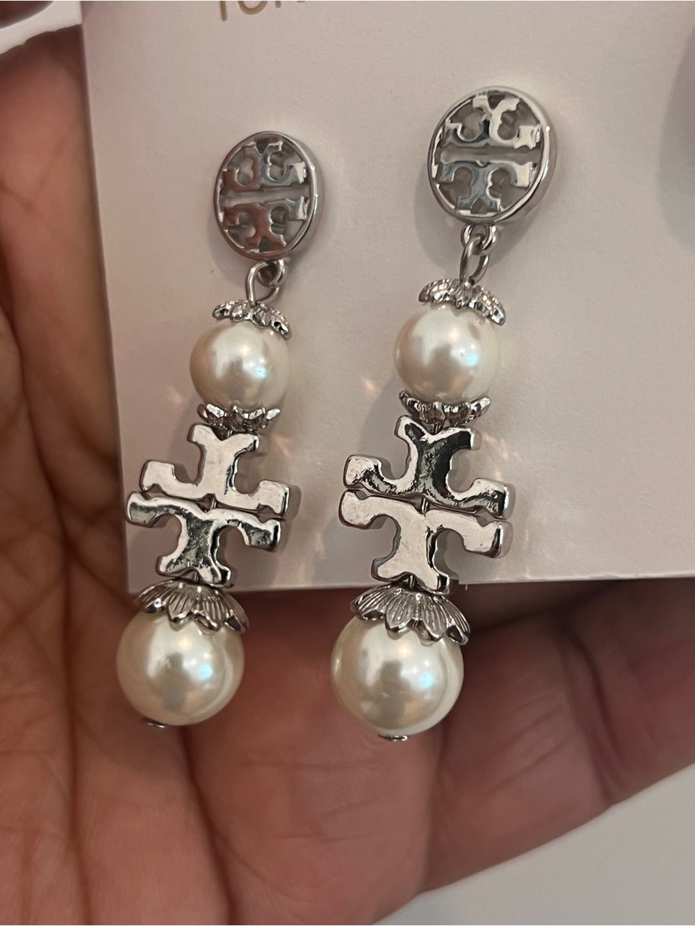 Tory Burch Silver and Pearl Drop Logo Earrings - Picture 5 of 5